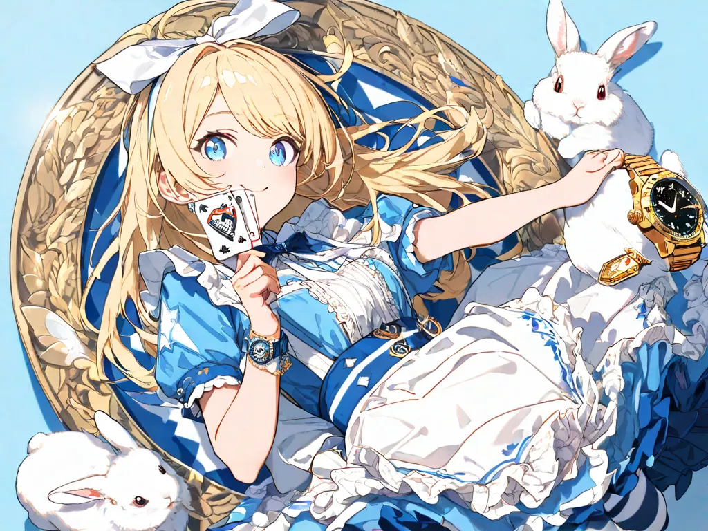 masterpiece,top quality,Super Detail,8k,Alice in Wonderland holding cards with her hand and hitting her mouth, young smile, blond hair, fluffy white ribbon, blue eyes, blue ruffle skirt, white apron, striped tights, simple background, rabbit, trump watch