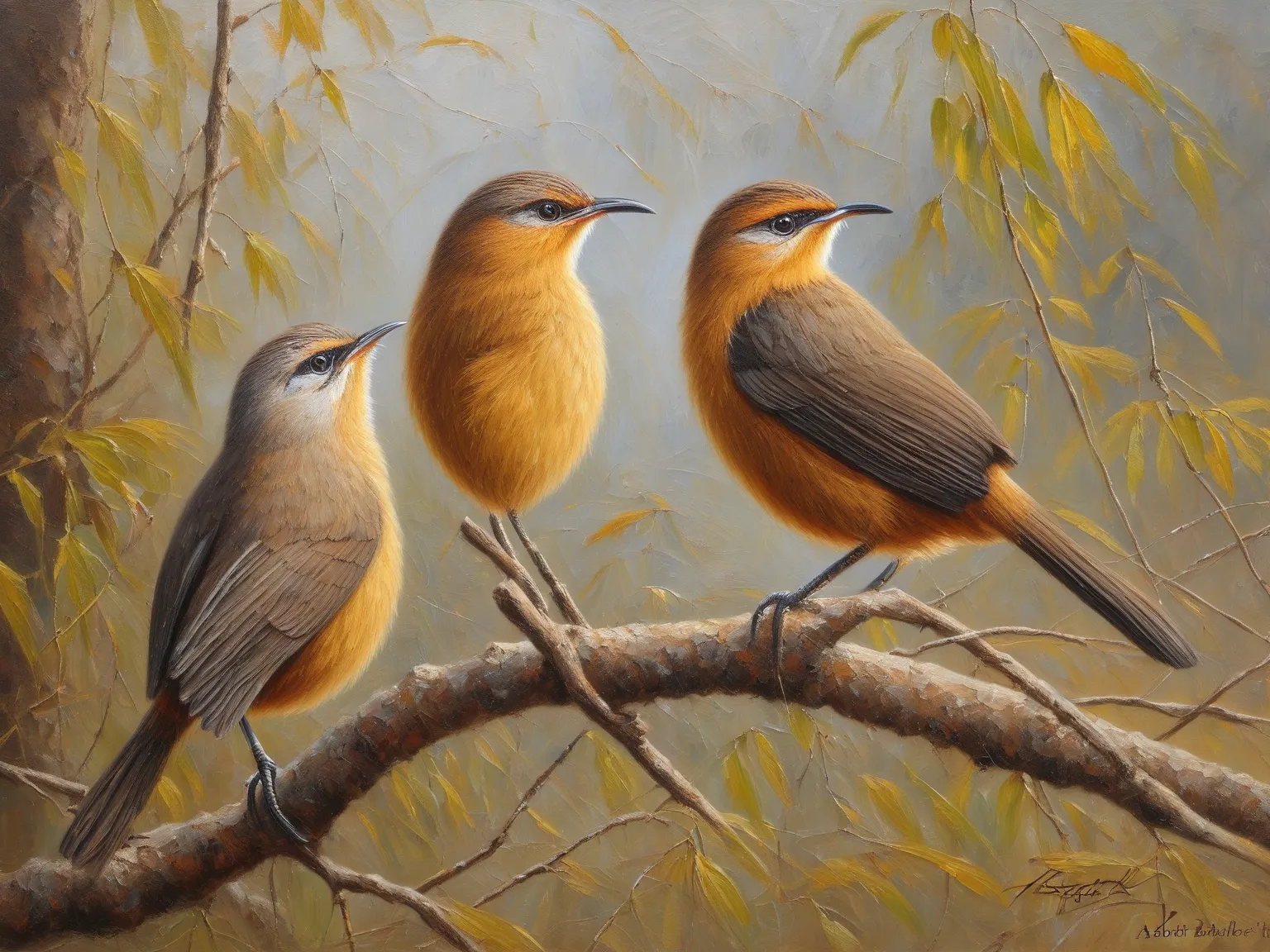 A pair of Abbotts Babbler in its natural habitat in Jim Corbett national park Uttarakhand India. Oil painting, Impressionist oil painting, Masterful brushstrokes, Fine art oil painting, Detailed brushwork, Textured canvas, Highly detailed, Rich colors, Vib...