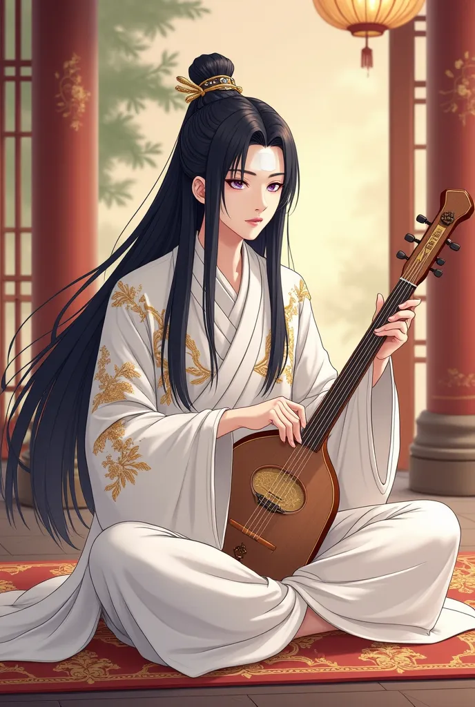 A young man with long hair, smooth and black like ebony, influence with intense lilac eyes and immaculate white skin. It has a small dot below the lower lip, on the left side of the face. He wears a white Chinese costume outfit, with golden embroideries of...