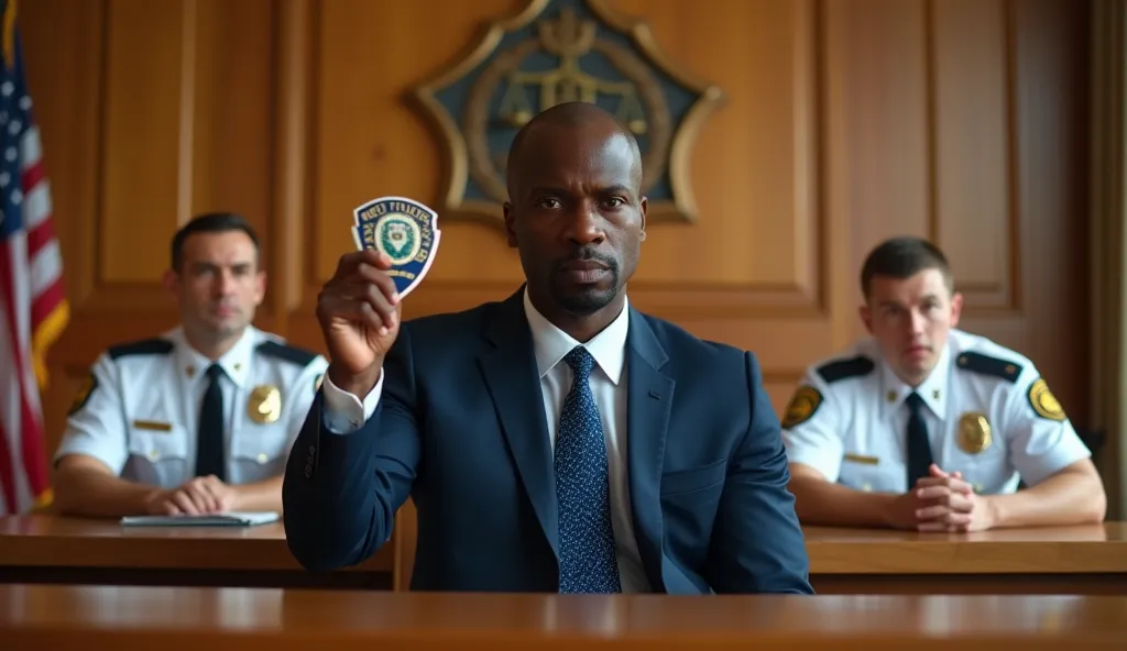 The image portrays a solemn courtroom scene with a serious atmosphere. The composition centers on a black man wearing a dark blue suit with a patterned blue tie, seated at a wooden table, his right hand holding up a police badge forward with a stern expres...