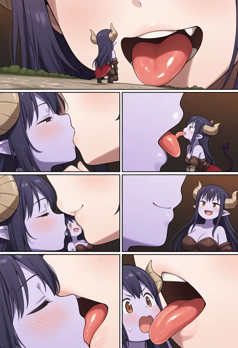 (macro size: 1.2),, medieval fantasy, (2 panels: 1.2), (3panels: 1.2),, (girl face reaction: 1.1), smug, foreshortening, breasts, tongue, 2girls, kissing, yuri, (demon horns), (purple skin), (miniature person on closeup tongue: 1.1)