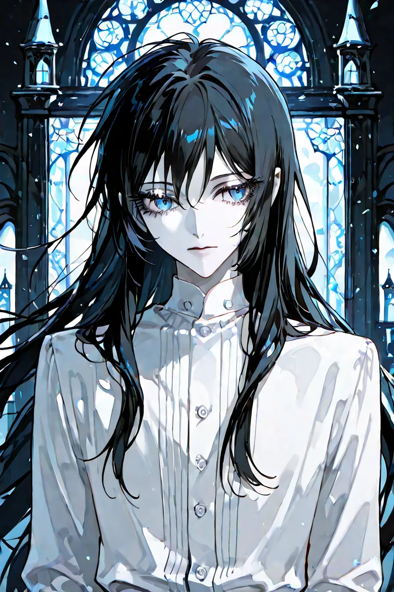 An image of a boy with long black hair, pale skin, blue eyes, long eyelashes, pale skin, delicate features, buttons wearing a white shirt,  background of a castle .