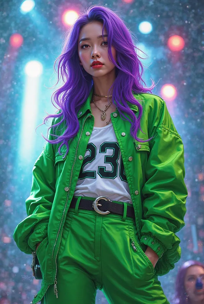 Korean with purple hair rapper in green clothes with the number 230