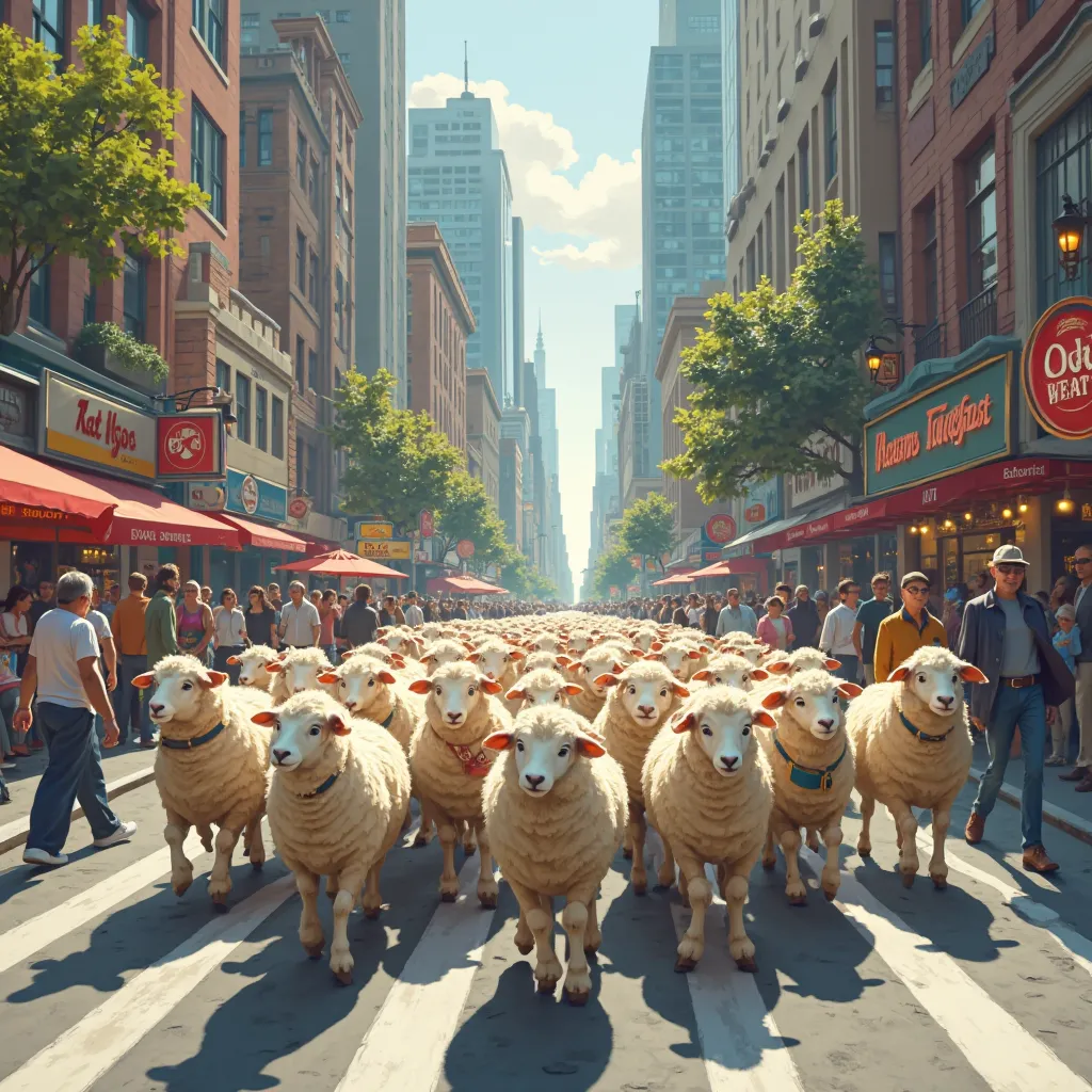 sheep marching down a busy city street