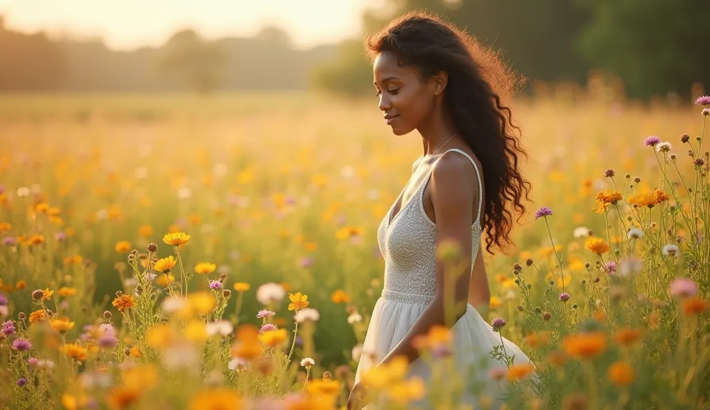 Ultra high quality, 16:9 aspect ratio. Ultra-realistic quality. A young African American woman with slightly lighter skin, somewhere between light brown and beige, walks gracefully through a vibrant, blooming field. The meadow is alive with tall grass, col...