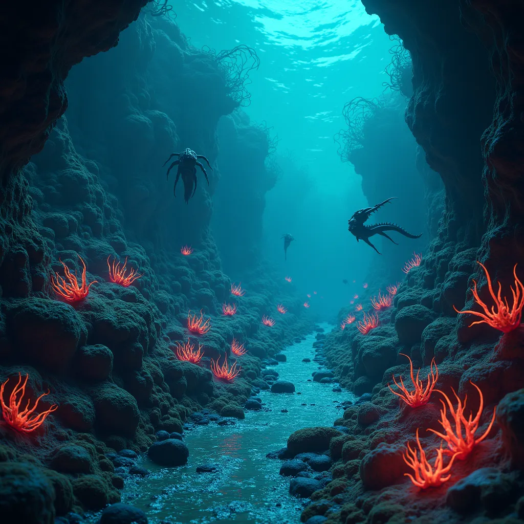 a demonic terrorific reef, underwater, demonic marine life, demonic eels, with fluorescent colors, 4k, photorealism, masterpiece