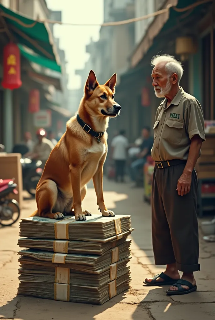 a dog sitting on a pile of 200 and 500 bills and an old man looking at the dog set in vietnam