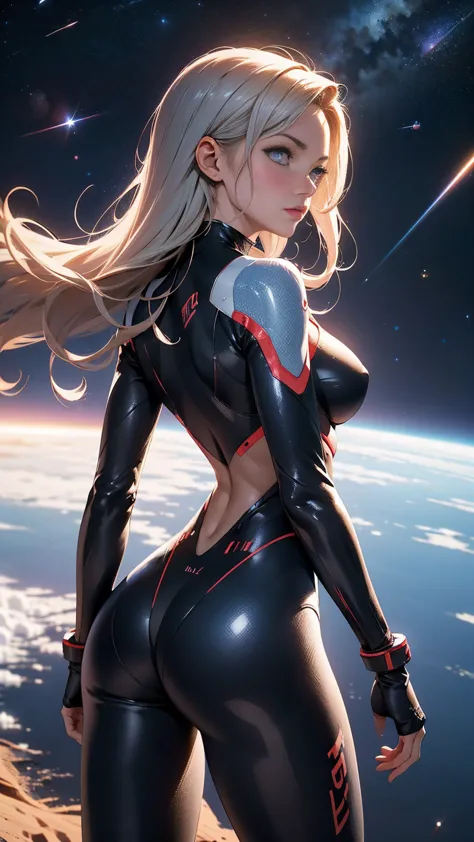 rear view, backside view, turning away, sandy hair, eyes are blue, fit body large breasts slender thighs slender waist pilot suit solo looking away from viewer, in space, long hair, blushing, determination, 8k, extreme detail,