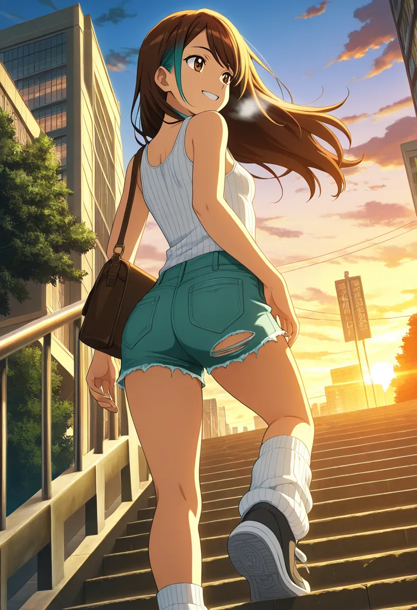 masterpiece, best quality, amazing quality, swept bangs, solo, from behind, from below, looking to the side, very long brown hair with teal highlights, brown eyes, small breasts, upper body, ribbed tank top, white tank top, ripped jean shorts, loose socks,...