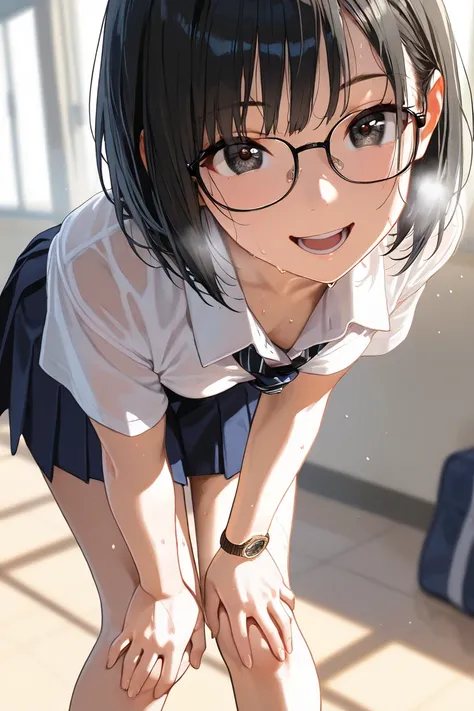 masterpiece, 8k, after school, shoes, bare feet, bob hair, black hair, high school uniform, glasses, (leaning forward and put hands on knee:1.5), 1girl, thin chests, small breasts, close-up face, Dynamism, unrealistic beauty, enchanting eyes, perfect face,...