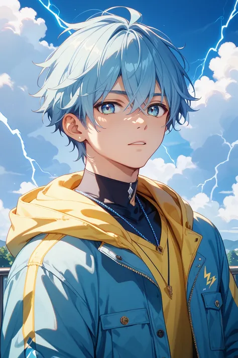 ren's Adult Male、 natural perm、Her hair is light blue、Long bangs、 eye color is yellow、Clothes are yellow hoodies and light blue jackets、The background is midnight 、The attribute is lightning