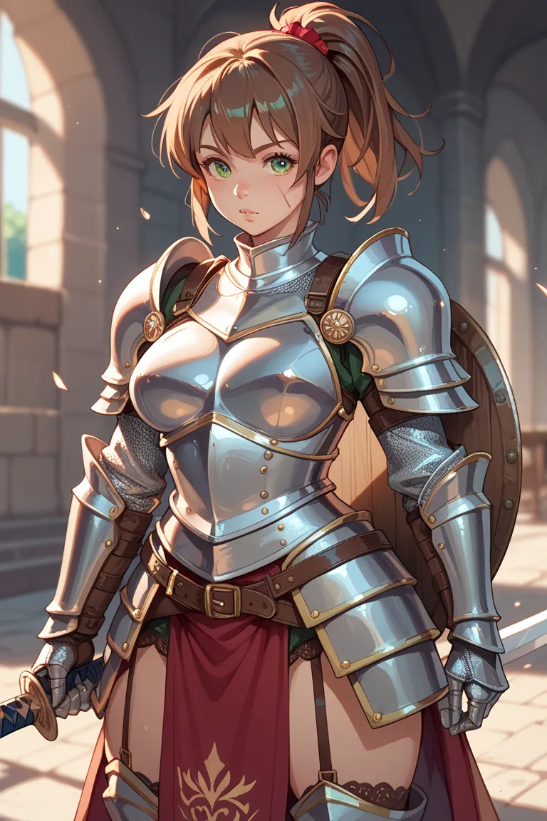 anime style.Knight girl . with brown hair in a ponytail. with grey-green eyes.With a scar on his right eye . medium breasted briefs.in armor,with a sword and a shield