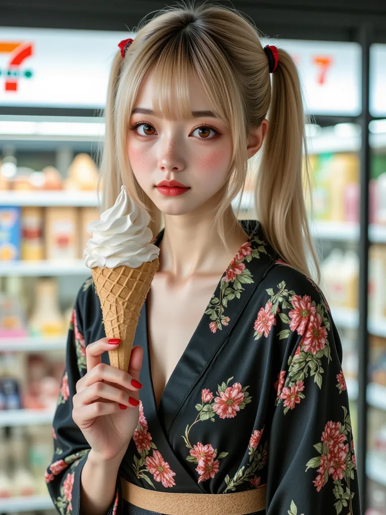 ((Top Quality)), ((傑Top Quality,Excellent Performance、High sensitivity、Translucent Kit、Detailed Show、, a picture of a delicate face))Skinny woman、 Short kimono showcases gorgeous slender legs ,stands holding ice cream in front of the store 7-11
Freckles be...