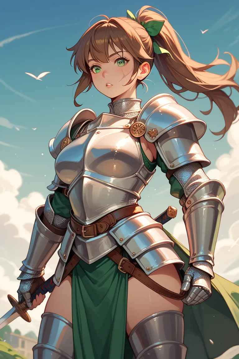 anime style.Knight girl . with brown hair in a ponytail. with grey-green eyes.With a scar on his right eye . medium breasted briefs.in armor,with a sword and a shield