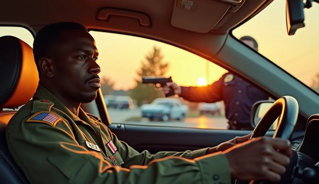 The image depicts a tense scene inside a car at sunset with warm orange-yellow light. The composition centers on a black military officer wearing an olive-green uniform adorned with an American flag patch, medals, and a name tag, seated in the driver’s sea...