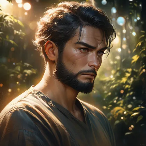 portrait of a thoughtful adult man,  serious and thoughtful expression , detailed face with wrinkles,  short hair and beard, upright posture and relaxed shoulders, in a natural environment with forest in the background,  Soft and warm light , oil painting ...