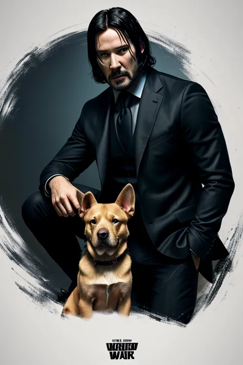 Generate aesthetic wallpaper of John Wick combination of pics like weapons dog, mustang car , gentle men suit's,black text on black carve background all in one