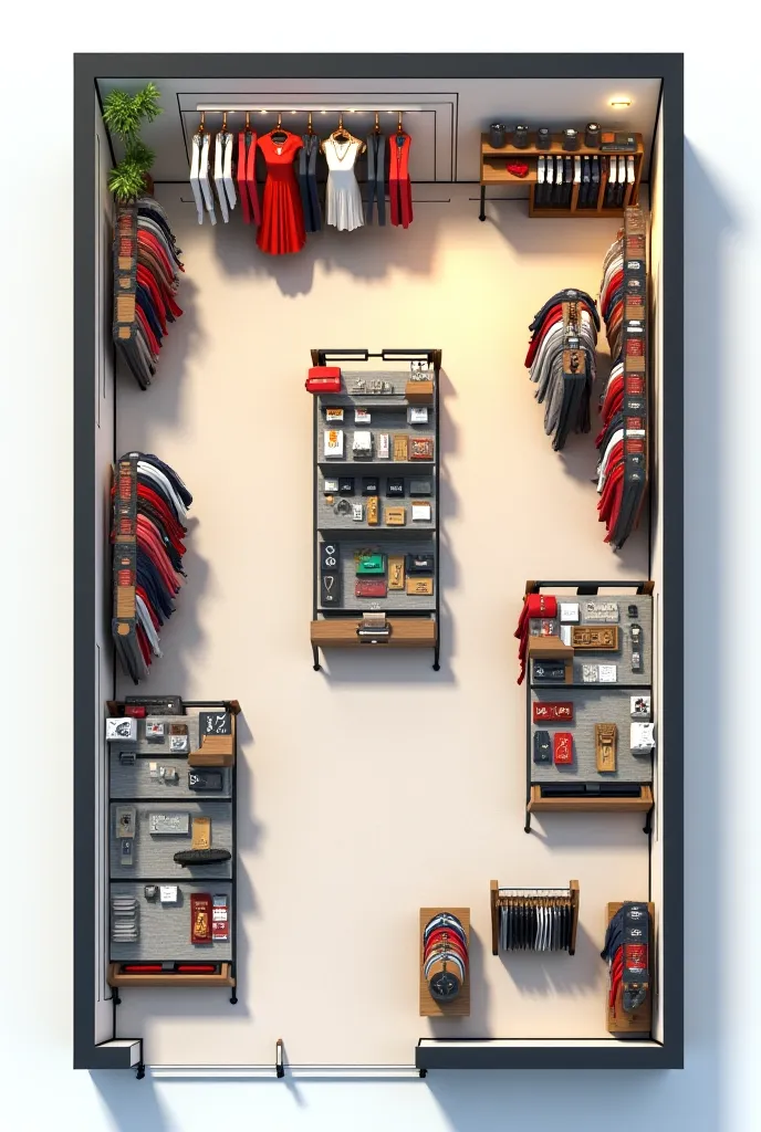 Generate a digital model from the top view of a clothing store. The store must include the following:
- **large main entrance** WITH puertas de vidrio y un escaparate atractivo.
- **Cash area** Near the entrance, WITH **two cash registers** modern and a sp...