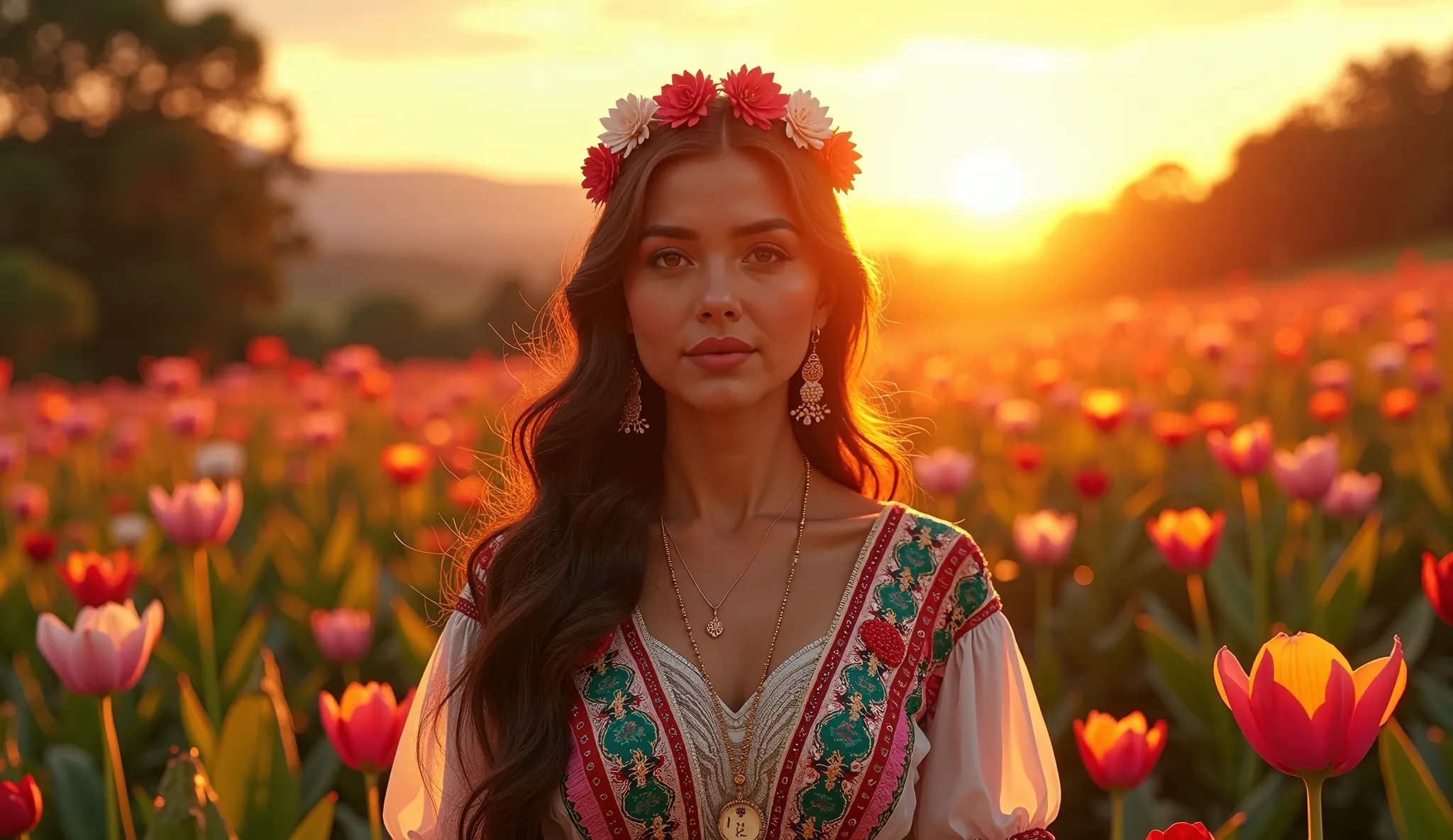 Design a striking cover image for a video that encapsulates the theme of love without resentment. The composition features a central figure, a radiant woman adorned in traditional Argentine attire, standing amidst a vibrant landscape filled with exotic flo...