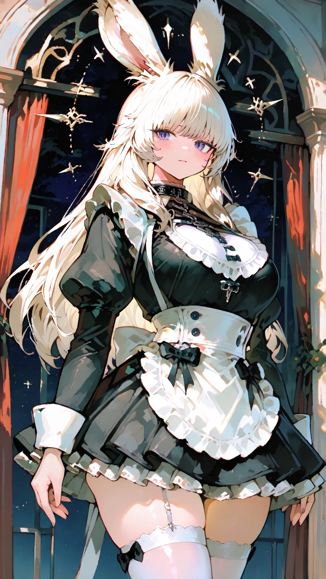 Superior quality,very aesthetic,A beautiful figure,anime style,ff14,viera ,sexy all-purpose maid,long hair,like fantasy,alone,natural five fingers, standing、Short maid outfit,8k,High Resolution,HDR,Ultra delicate,god々 atmosphere,god聖な光,Big Breasts, big but...