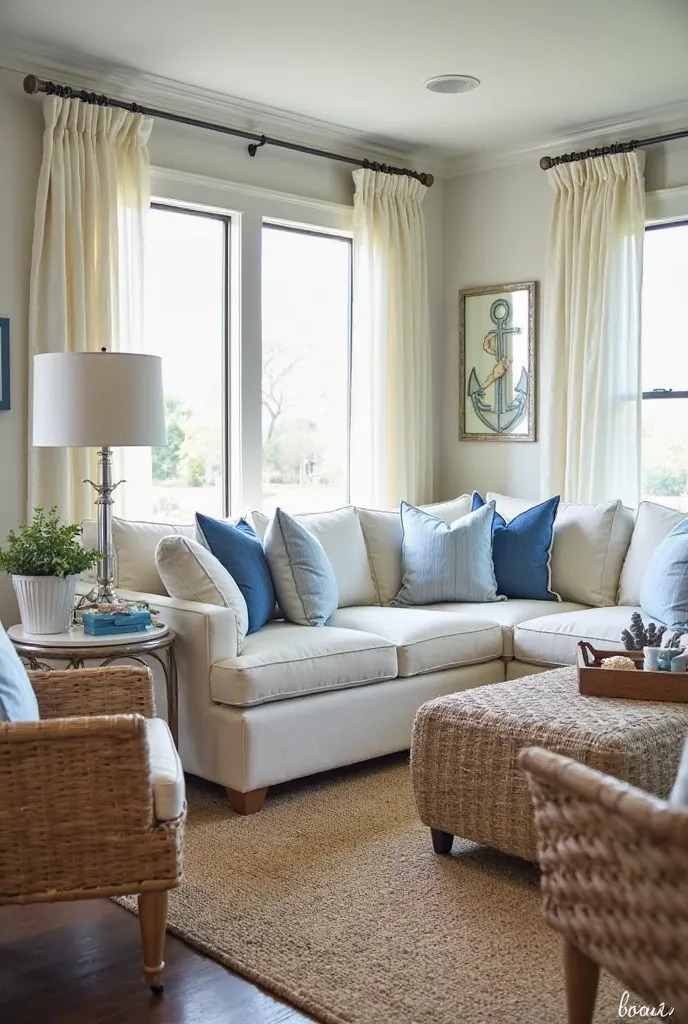 Illustrate a coastal-inspired living room with soft blue and white tones. Include a large sectional sofa, wicker furniture, a jute rug, and nautical accessories like anchors and seashells.