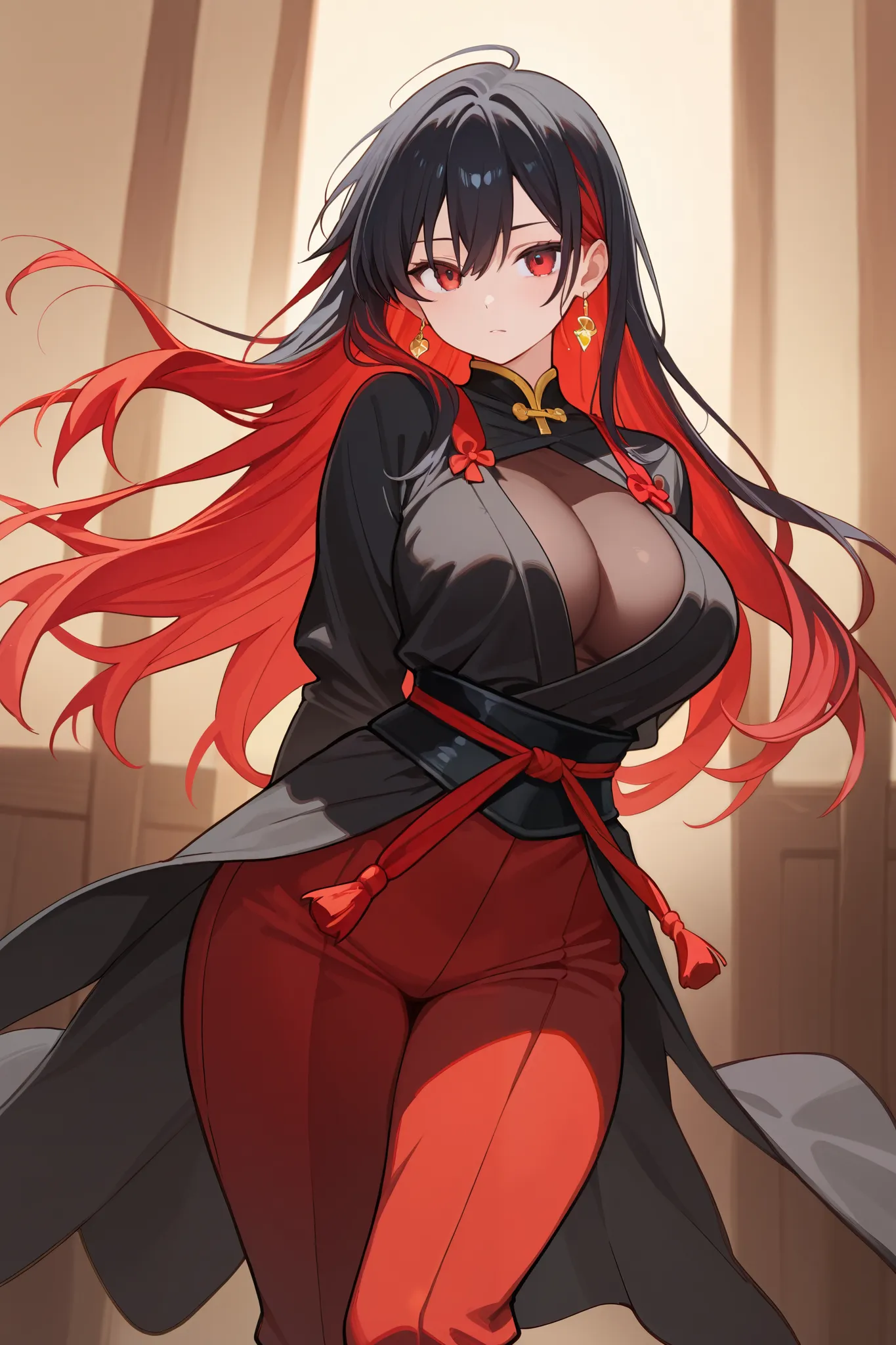 1 girl, Hair length reaches the back, Black hair with some red hair on the edges., red eyes, but not bright, curvy body, wear a sexy samurai outfit, หน้าอกไซส์ปานกลาง, have a golden earrings