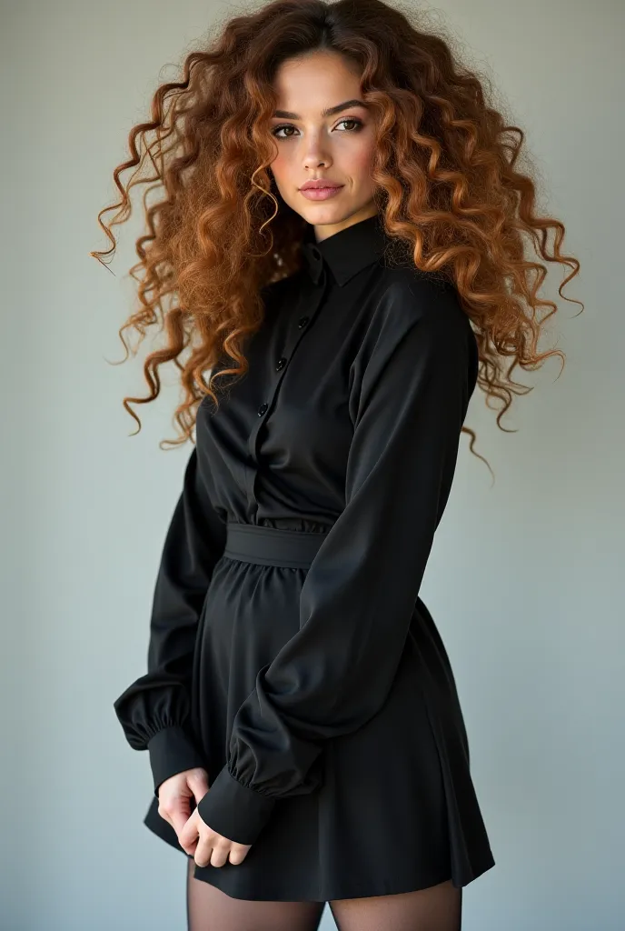 I would like to create a photo of a white girl with very curly hair wearing a high-neck, long-sleeved blouse and a black skirt above the thigh and a pantyhose and a black all-star 