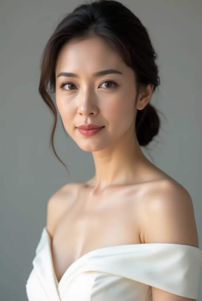 A close-up portrait of a sophisticated 50-year-old Japanese woman wearing a minimalist modern wedding dress. The dress features a sleek satin fabric with a clean, off-shoulder design that enhances her elegant neckline. The smooth, luxurious texture of the ...