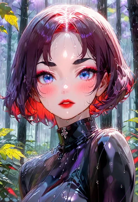 (Perfect Face, Short Cut Smooth Hair, Bright Red Hair, Black Thin Eyebrows, Blue Eyes, Purple Eyeshadows, Black Eyeliners, Blushing, Bright Red Thick Lips, Beautiful Woman) Forest, Cloud, Rain