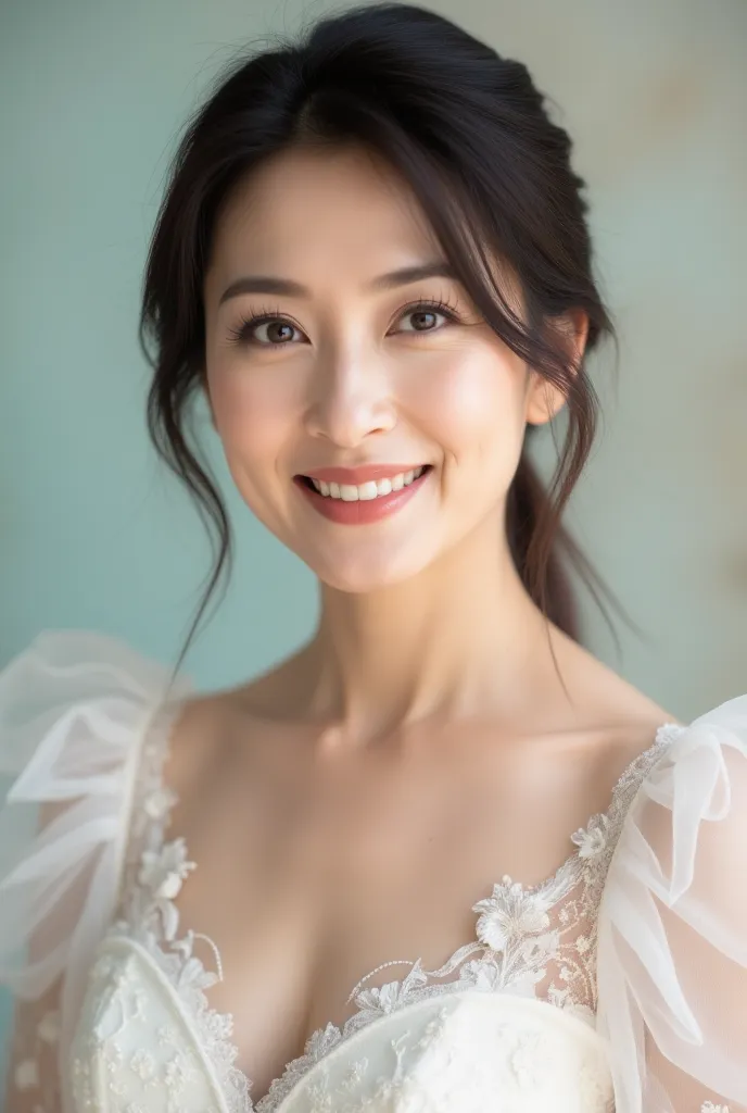 A close-up portrait of a graceful 50-year-old Japanese woman wearing a romantic tulle wedding dress. The bodice is adorned with delicate floral embroidery, and the soft layers of sheer tulle add an ethereal touch. Her natural makeup highlights her radiant ...