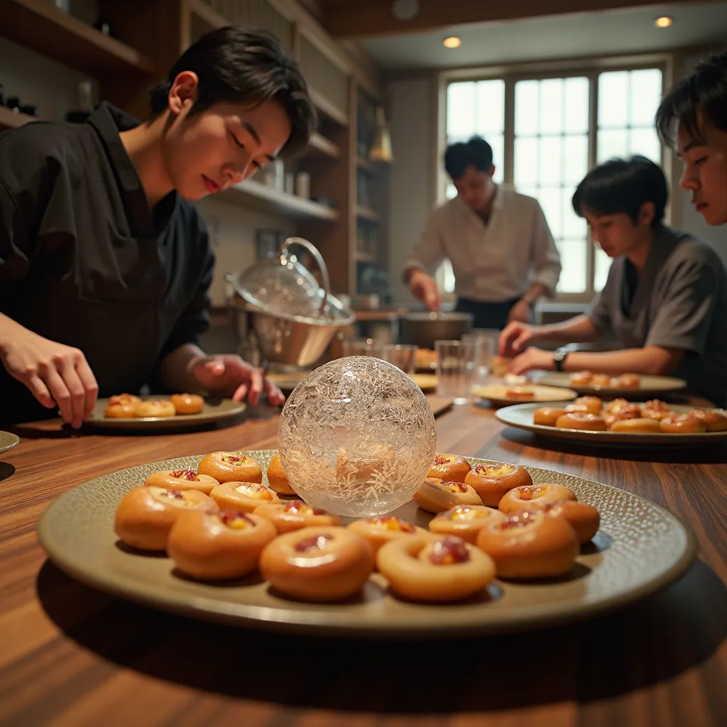 ```
Photorealistic image of a traditional Japanese matchmaking meeting where participants are eating Takenoko no Sato cookies while a person named Sato spills mead on the table. A chef in background prepares meat sauce and Zero Meat plant-based alternative...