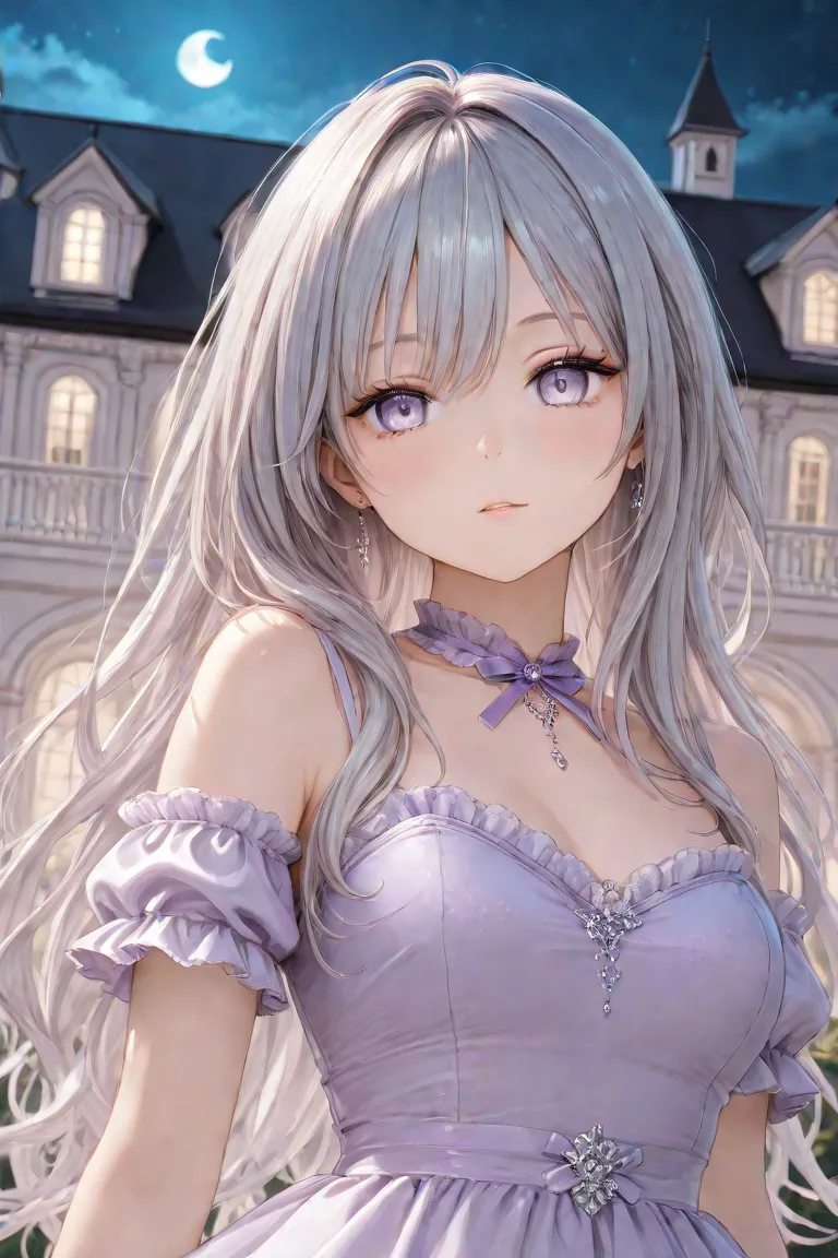  Silver Hair、long hair、light purple eyes、antique mansion、Princess、night