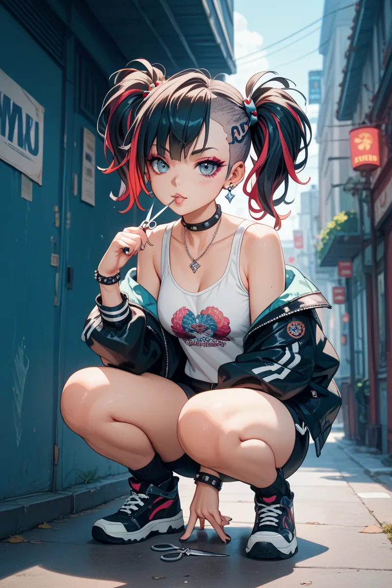 punk　girls　squatting　Erotic　from 45° in front　face　pigtails　accurate human body　Holding scissors in one hand　full body　provocative