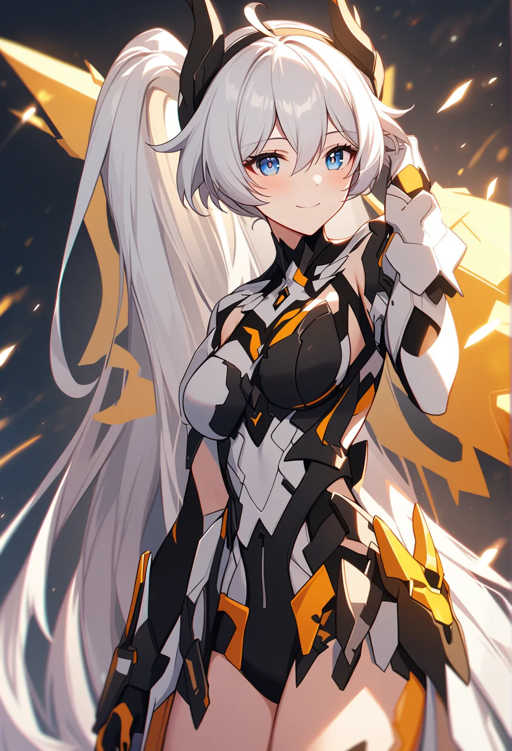 One girl, Kiana Kaslana \(Hersher of the End), Honkai Impact 3, ponytail, smile, (Very fine grain:1.37), (Diamond shaped iris:1.5)