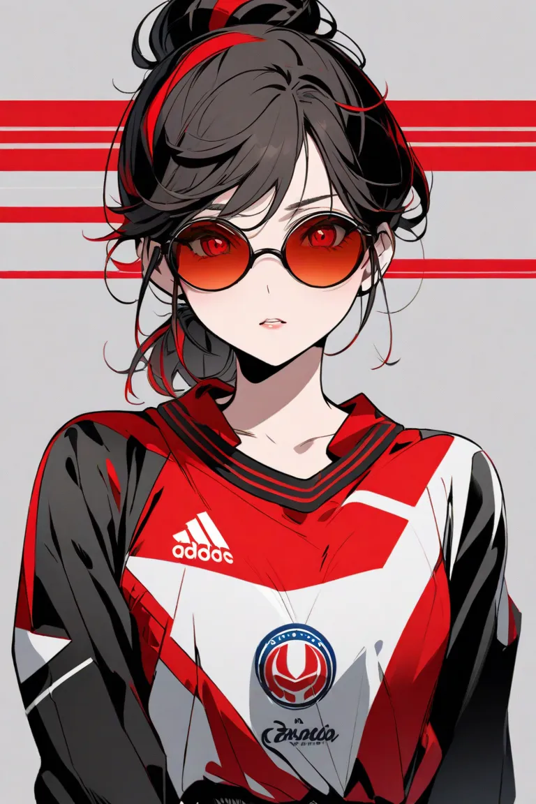 Image is a digital anime-style illustration featuring a young woman with fair skin and long, dark hair tied in a messy bun. She is wearing red-tinted round sunglasses that partially obscure her eyes, adding a stylish flair to her appearance. Her expression...