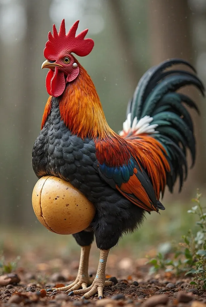 Create a rooster with a human scrotal sac 