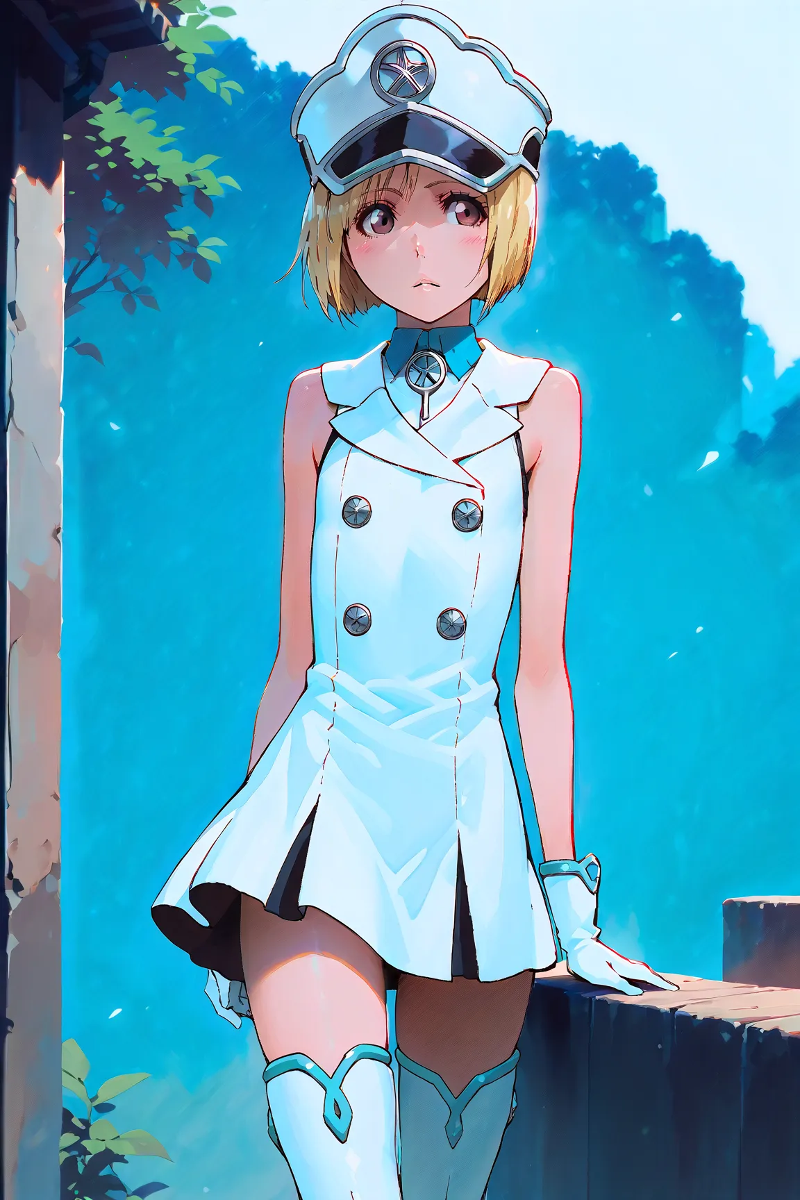 masterpiece,nfsw,  High Definition , best quality,8k,
((Liltotto Lamperd-Bleach ))
,  blonde  bob cut, brown eyes,white  dress, double breasted, sleeveless, thigh boots, gloves, military hat,flat chest, 
,
, fullbody