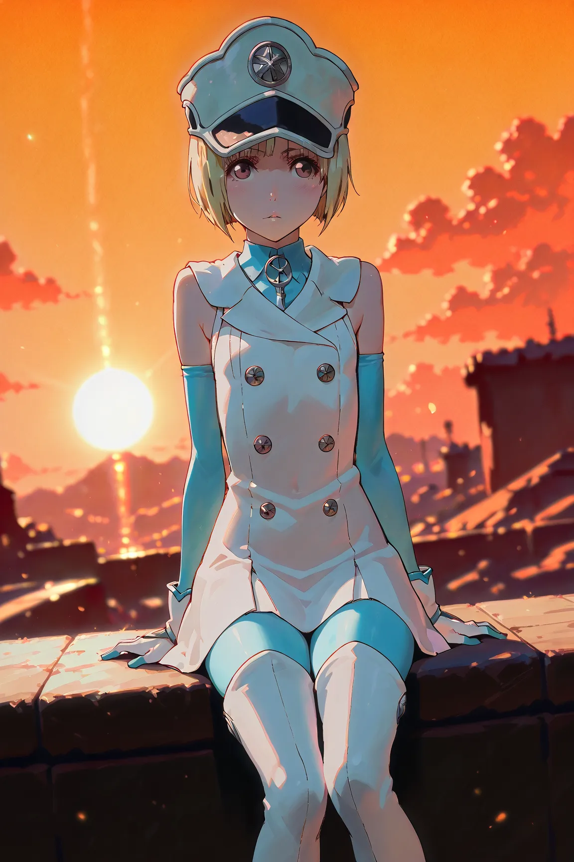 masterpiece,nfsw,  High Definition , best quality,8k,
((Liltotto Lamperd-Bleach ))
,  blonde  bob cut, brown eyes,white  dress, double breasted, sleeveless, thigh boots, gloves, military hat,flat chest, 
,
, fullbody