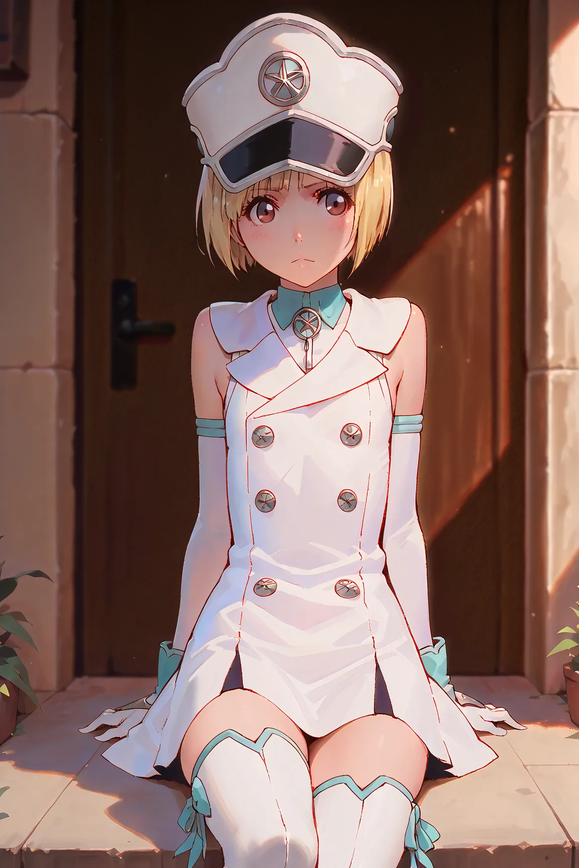 masterpiece,nfsw,  High Definition , best quality,8k,
((Liltotto Lamperd-Bleach ))
,  blonde  bob cut, brown eyes,white  dress, double breasted, sleeveless, thigh boots, gloves, military hat,flat chest, 
,
, fullbody