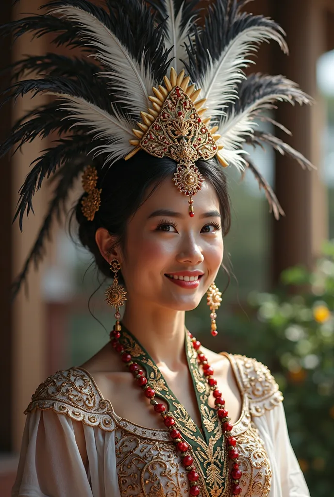 (photorealism:1.2), beautiful woman, wearing malaysia sarawak traditioanal costume , hari Gawai ,wearing Hari GAWAI COSTUME DACING, celebrating , whole body picture, sexy, beautiful korean face , model face , sweet smile, full body, with black and white fe...