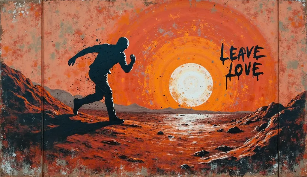 Style: Banksy
"A graffiti on a Martian wall, showing a figure running toward a white light. The message 'Leave love' is written in the background.