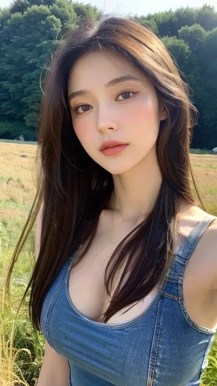 （realistic， High Resolution：1.3），  one girl with perfect body，  It shows a super thin face and eyes ，long hair caught in a hole， random color tank top in the field：1.2， jeans， big boobs， exposing her neckline 