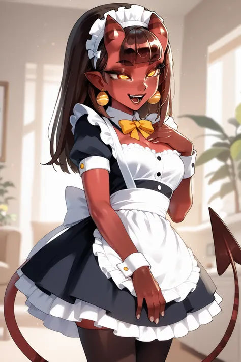 Meruccubus from "Merunyaa" oficial artist, red skin, succubus, yellow eyes, BROWN HAIR
ultra detailed, absolutely high resolution, masterpiece;
(maid outfits. she is standing, looking at a super tiny 2cm dildo in her hand, laughing at how small it is)