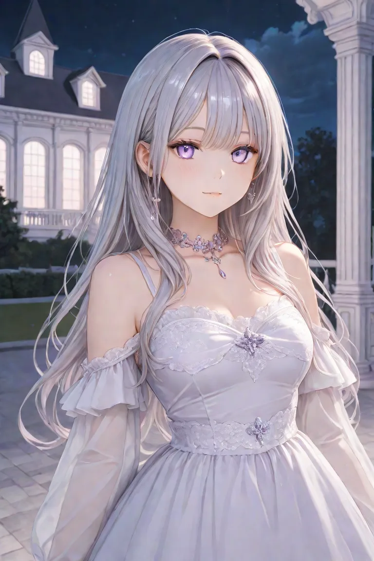  Silver Hair、long hair、light purple eyes、antique mansion、princess、night