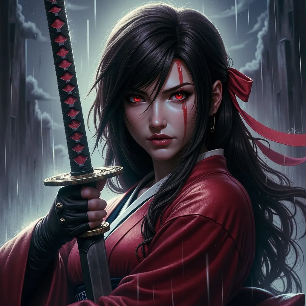 Create an image of Tifa Lockhart. She has half-closed and red eyes. She wears a red kimono that flows elegantly around her, and in your hands , Hold a katana firmly. Your hair is long and black . The background is dark and dark, reminiscent of the Castleva...