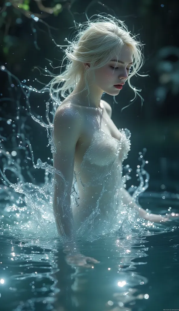 Lady water spirit , gracefulness , body transparent ,  rinse from water. Half head in water,