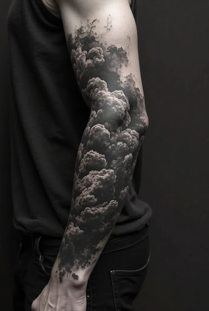 Generate a tattoo design for the entire forearm, with black clouds.