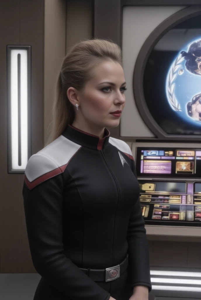 A high-quality photo capturing a beautiful young woman in black stoddys uniform with white shoulders and red strip, standing in the star ship control room of STENTEBridge interior. The woman is Maeri25, with blonde hair styled in an asymmetrical undercut. ...