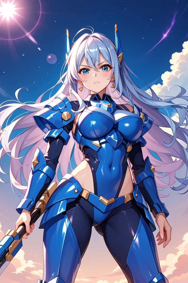 Girl using a weapon  、
1 girl,    serious expression、 long hair,   Mecha Girl,  Blue Armored Girl：1.2、  Jade Eyes,  cute face、Armed Girl 、High Contrast Between Mouth and Nose、 、Fluttering hair with hand marks、    intense expression、intense battle scene、dra...