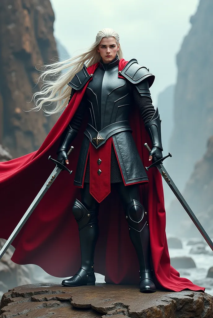 Rhaegar Targaryen wielding a sword in each hand and black armor with red and a long cape.